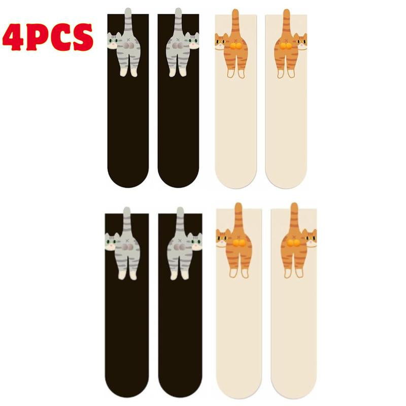 Cute Cat Socks with Balls Soft Cotton Novelty Funny Animal Fun Crew Socks for Women Cat Lovers Gifts Whimsical Embroidered Cartoon Cats Fuzzy Accents 4PCS One Size Fits Most Athletic Womenswear Breathable