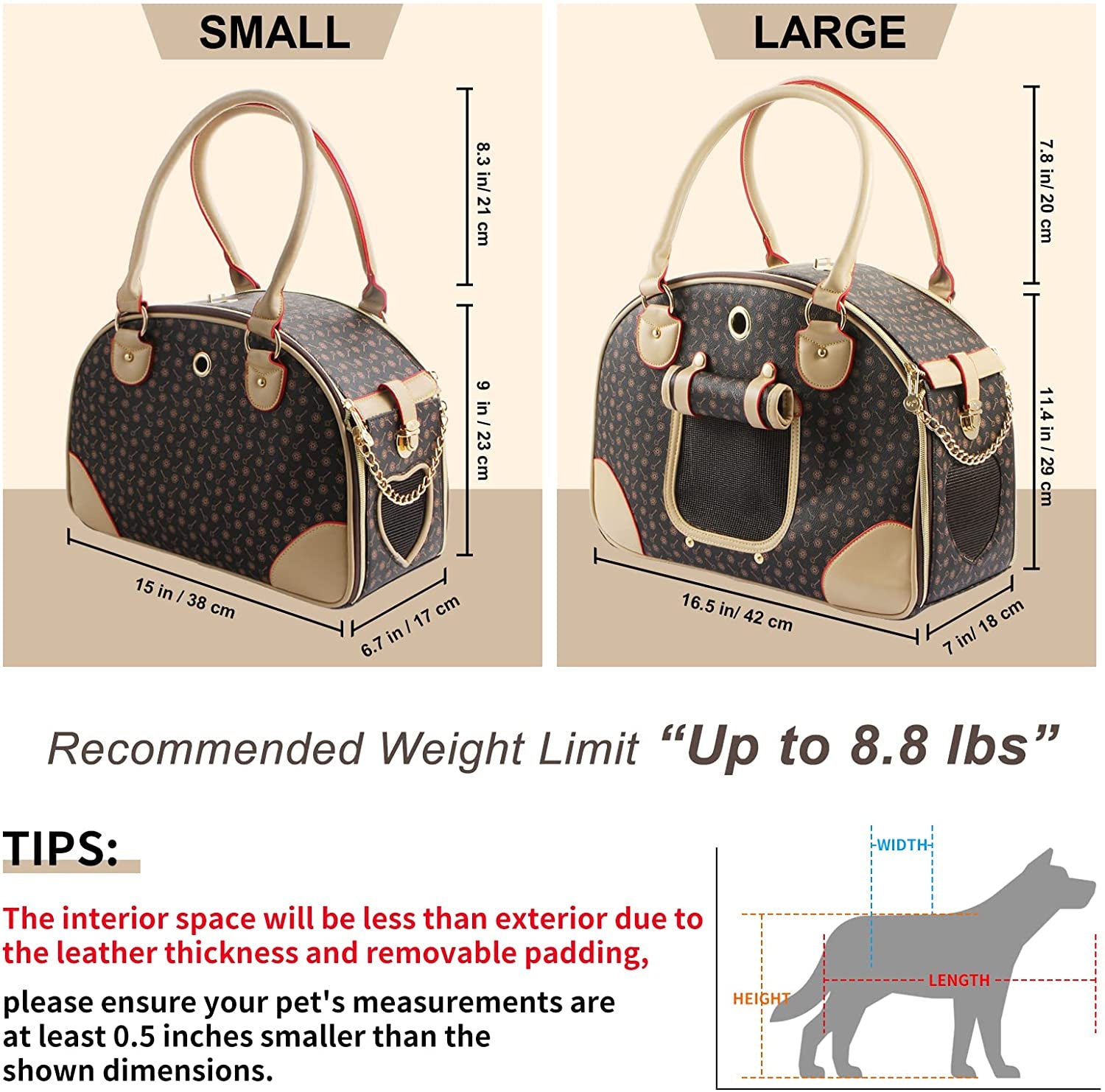 Fashion Dog Carrier PU Leather Dog Handbag Dog Purse Cat Tote Bag Pet Cat Dog Hiking Bag, Brown, Large