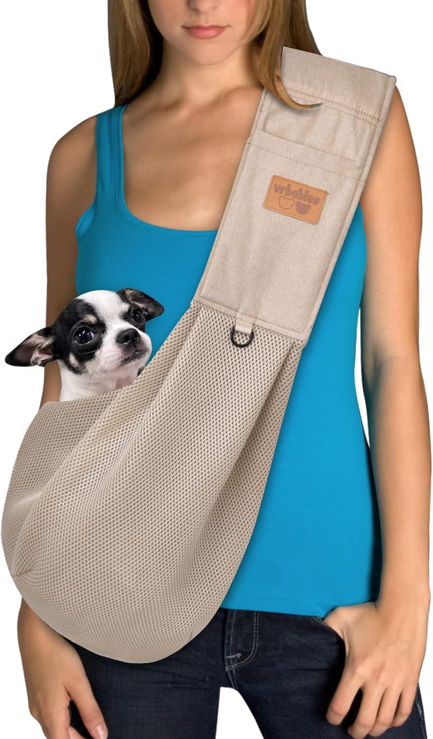 Dog Sling, Breathable Mesh Dog Sling Carrier, Adjustable Strap Dog Carrier Sling, Dog Carrier Bag with Pocket, Hands Free Dog Carriers for Travel Outdoor(Beige-L)