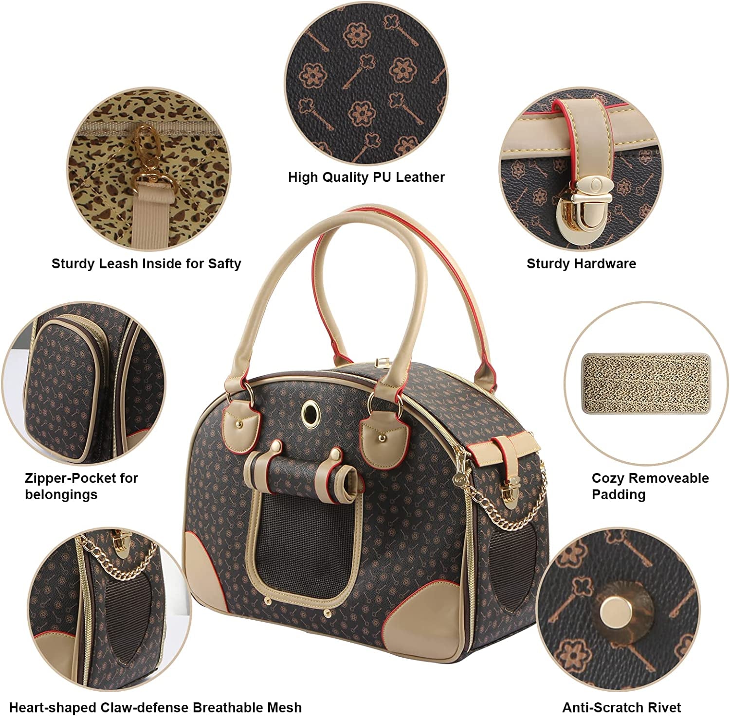 Fashion Dog Carrier PU Leather Dog Handbag Dog Purse Cat Tote Bag Pet Cat Dog Hiking Bag, Brown, Large