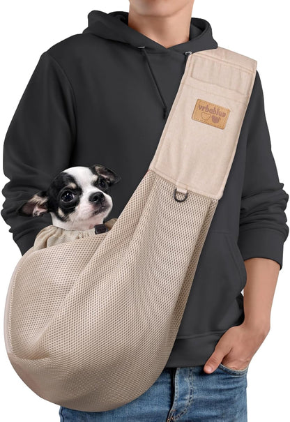 Dog Sling, Breathable Mesh Dog Sling Carrier, Adjustable Strap Dog Carrier Sling, Dog Carrier Bag with Pocket, Hands Free Dog Carriers for Travel Outdoor(Beige-L)