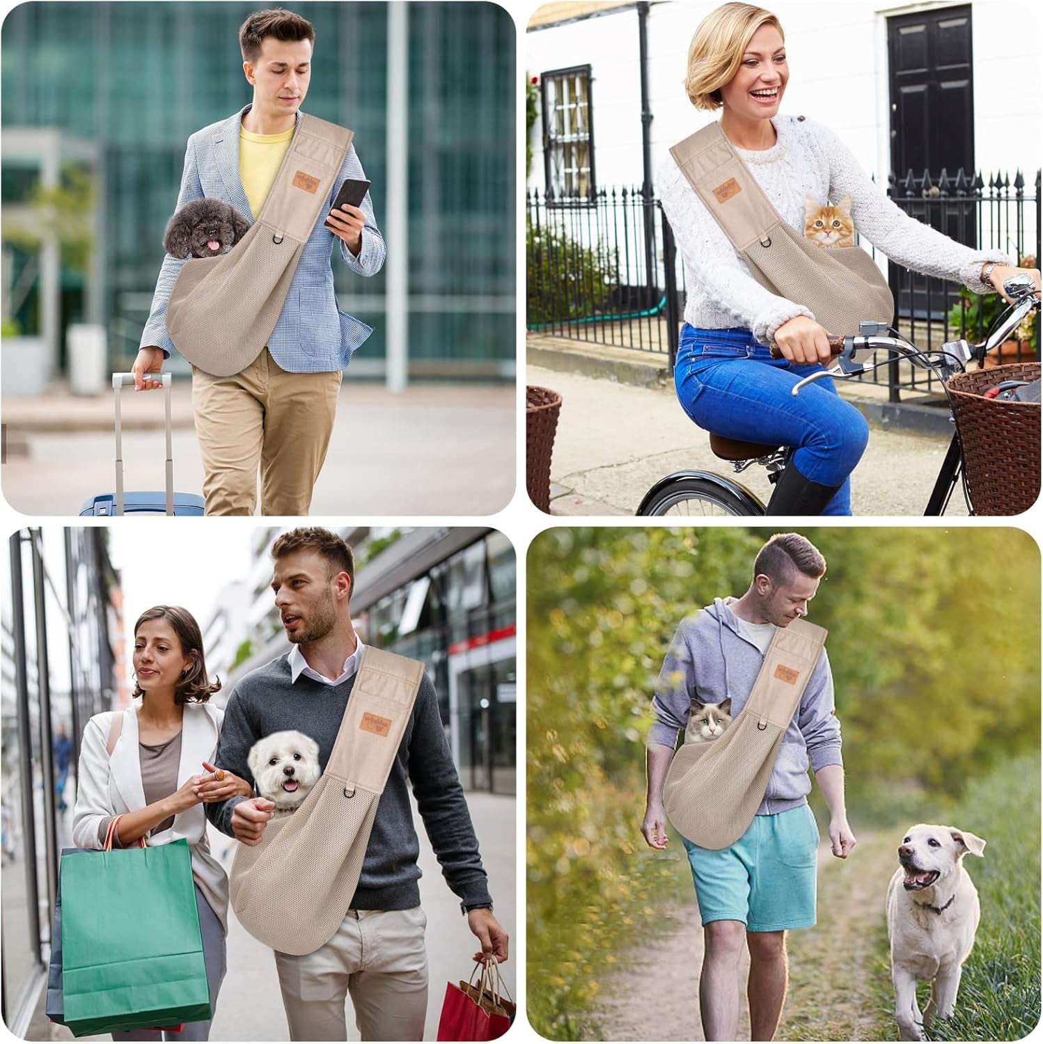 Dog Sling, Breathable Mesh Dog Sling Carrier, Adjustable Strap Dog Carrier Sling, Dog Carrier Bag with Pocket, Hands Free Dog Carriers for Travel Outdoor(Beige-L)