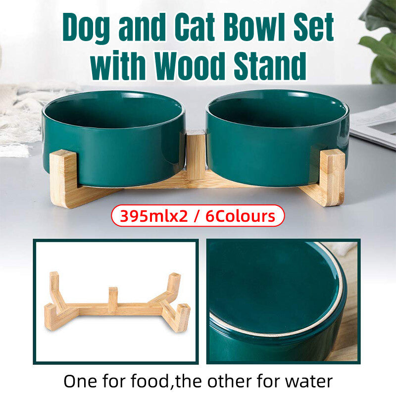 Double Ceramic Pet Feeding Bowl Setcat Food Dog Water Dish Non Slip Raised Stand