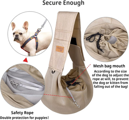 Dog Sling, Breathable Mesh Dog Sling Carrier, Adjustable Strap Dog Carrier Sling, Dog Carrier Bag with Pocket, Hands Free Dog Carriers for Travel Outdoor(Beige-L)