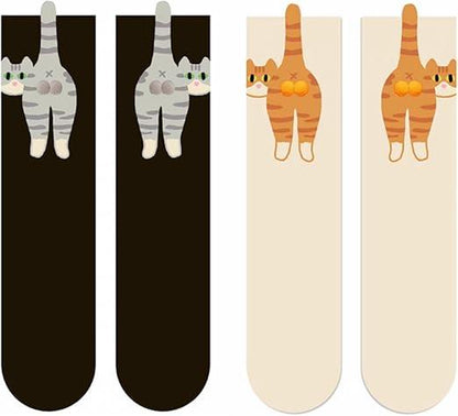 Cute Cat Socks with Balls Soft Cotton Novelty Funny Animal Fun Crew Socks for Women Cat Lovers Gifts Whimsical Embroidered Cartoon Cats Fuzzy Accents 4PCS One Size Fits Most Athletic Womenswear Breathable