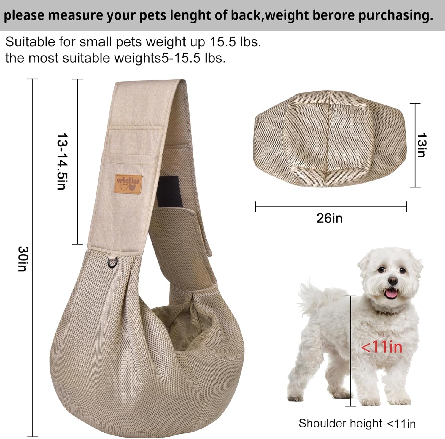 Dog Sling, Breathable Mesh Dog Sling Carrier, Adjustable Strap Dog Carrier Sling, Dog Carrier Bag with Pocket, Hands Free Dog Carriers for Travel Outdoor(Beige-L)