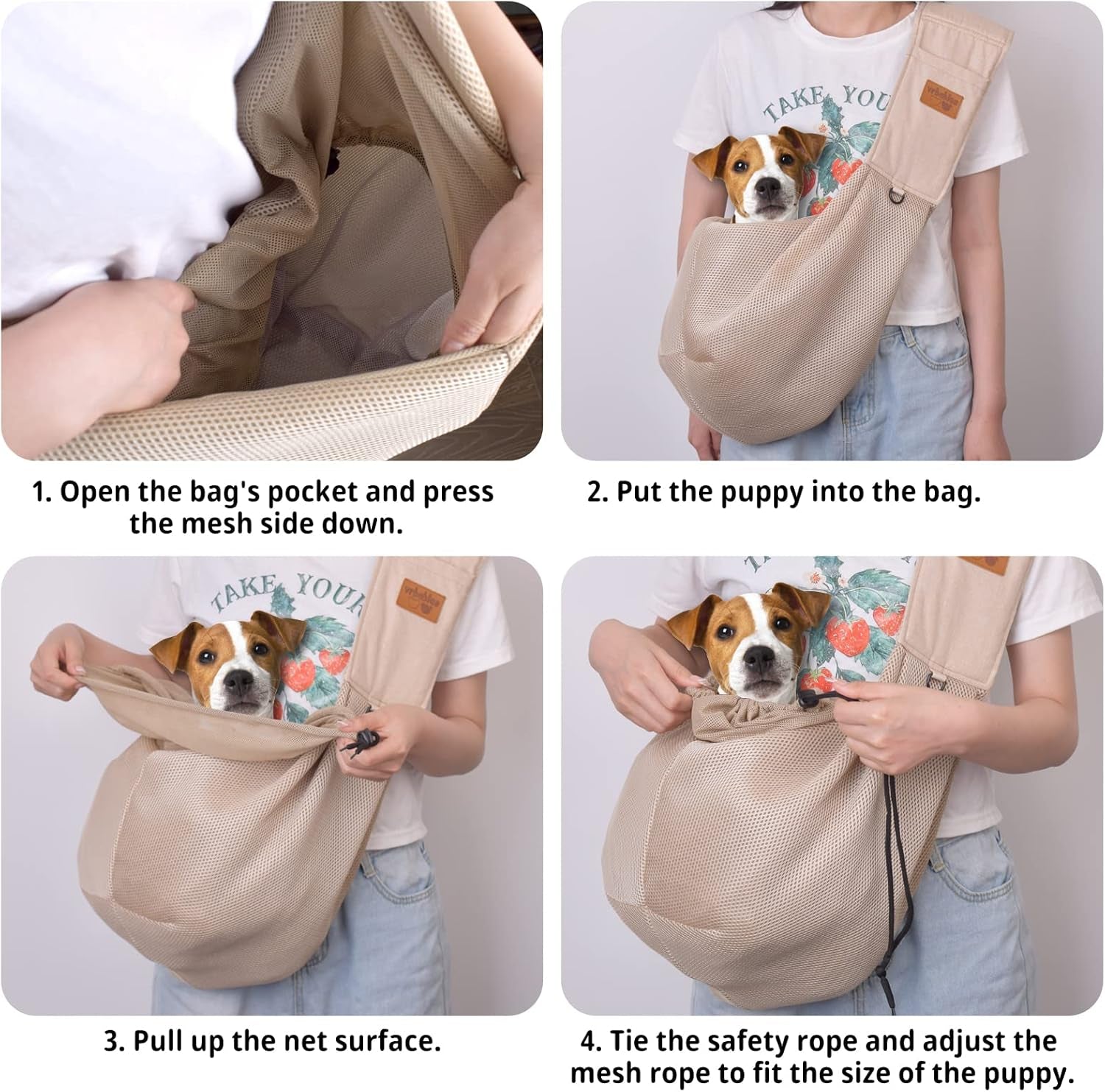 Dog Sling, Breathable Mesh Dog Sling Carrier, Adjustable Strap Dog Carrier Sling, Dog Carrier Bag with Pocket, Hands Free Dog Carriers for Travel Outdoor(Beige-L)