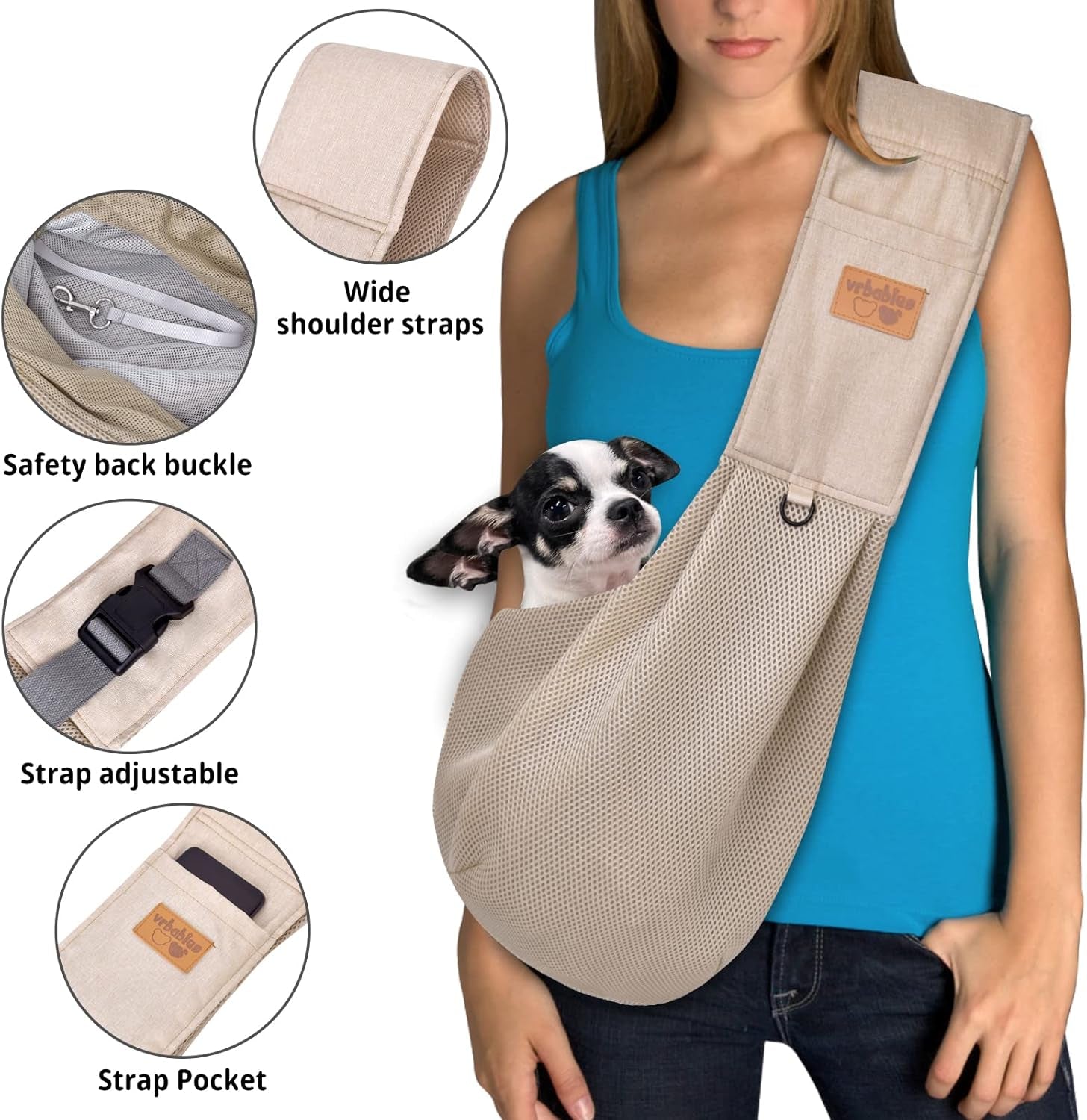 Dog Sling, Breathable Mesh Dog Sling Carrier, Adjustable Strap Dog Carrier Sling, Dog Carrier Bag with Pocket, Hands Free Dog Carriers for Travel Outdoor(Beige-L)