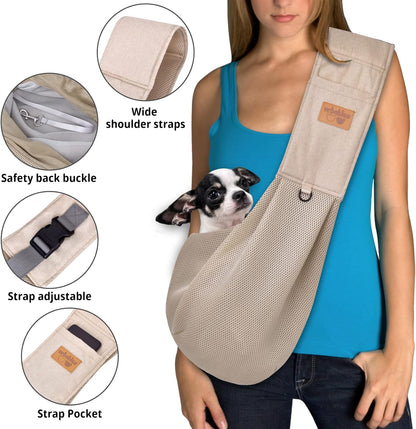 Dog Sling, Breathable Mesh Dog Sling Carrier, Adjustable Strap Dog Carrier Sling, Dog Carrier Bag with Pocket, Hands Free Dog Carriers for Travel Outdoor(Beige-L)