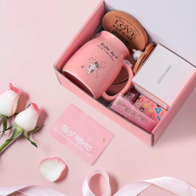 Unique Gift Basket for Woman - 16 Oz Cute Cat Mug with Essential Oil Soap and Bath Bomb and Scented Candle - Best Birthday Gift Box, Anniversary, Wedding, Valentine, Christmas, Mother'S Day Gift Coffee Set