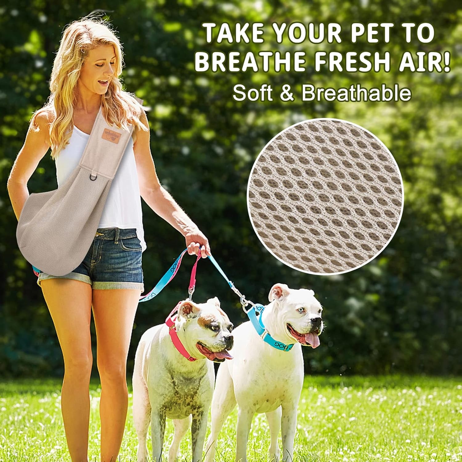 Dog Sling, Breathable Mesh Dog Sling Carrier, Adjustable Strap Dog Carrier Sling, Dog Carrier Bag with Pocket, Hands Free Dog Carriers for Travel Outdoor(Beige-L)